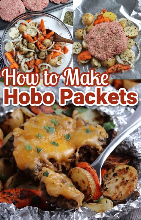 Campfire Hobo Dinner, Hobo Packets On The Grill, One Pan Grill Meals, Hobo Foil Packs, Hobo Foil Packets, Hobo Dinner Foil Packets, Dinner Foil Packets, Hobo Packets, Hobo Dinner Recipes