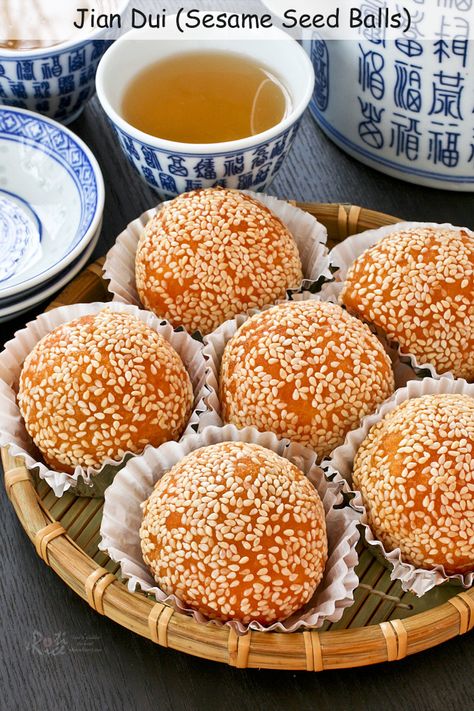 Make these popular dim sum favorite, Jian Dui or Sesame Seed Balls at home. These are gluten free with a little sweet potato mixed into the dough. | Food to gladden the heart at RotiNRice.com Jian Dui, Sesame Seed Balls, Glutinous Rice Balls, Dim Sum Recipes, Seed Balls, Chinese Dessert, Red Bean Paste, Filipino Desserts, Sesame Seed