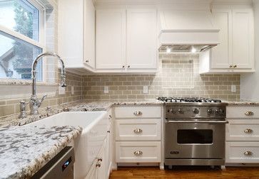 #White #Shaker cabinets, antico bianco granite, white farmhouse sink, Ann Saks glass tile backsplash - University Park Remodel Antique White Cabinets, White Farmhouse Sink, Ann Sacks Tiles, Kitchen New York, Ann Sacks, Eclectic Kitchen, Kitchen Decor Apartment, Up House, Granite Kitchen