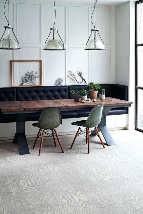 a dining space with a built in leather bench with storage, which is a gorgeous and smart solution Coin Banquette, Seating In Kitchen, Booth Seating In Kitchen, Dining Room Banquette, Dining Booth, Banquette Seating In Kitchen, Dining Room Bench Seating, Kitchen Banquette, Transitional Dining Room