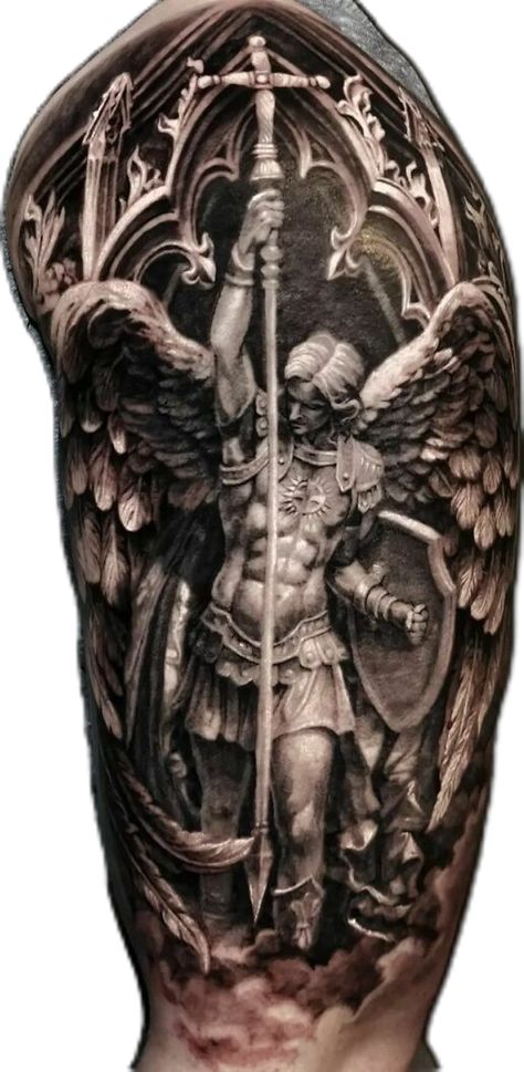 Leg Tattoos Men, Men Tattoos Arm, Jesus Tattoo Sleeve, Religious Tattoo Sleeves, Tattoos Arm Sleeve, Angel Warrior Tattoo, Archangel Michael Tattoo, St Michael Tattoo, Archangel Tattoo