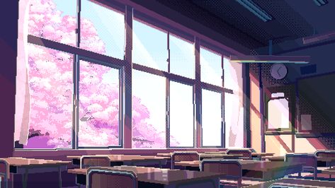 Japanese Gif, Animation Schools, Classroom Window, Classroom Background, Pixel Art Landscape, Gif Background, Classroom Banner, 8 Bit Art, Anime Classroom