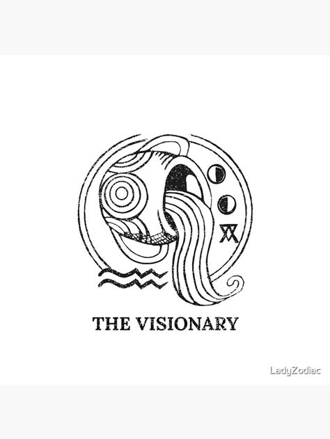 White background with black graphics. In bold font reads 'The Visionary. Above is the image of a large vase pouring water from it to represent the Aquarius Zodiac sign. Aquarius Symbols, Aquarius Logo, Aquarius Illustration, Aquarius Graphic, Aquarius Design, Aquarius Energy, Zodiac Aesthetic, Aquarius Symbol, Camera Tattoos