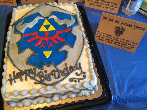 Hylian Shield cake for my son's Zelda birthday party Zelda Party, Zelda Birthday, Birthday Sheet Cakes, 13th Birthday, Sheet Cake, Legend Of Zelda, Party Planning, Fondant, Kids Birthday