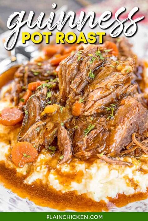 Slow Cooker Guinness Pot Roast - the BEST pot roast EVER! Pot roast, gravy mix, Italian dressing mix, tomato paste, carrots and potatoes. Put everything in the slow cooker and let it cook all day. Serve over mashed potatoes, grits or rice. PERFECT for St. Patrick's Day!! #slowcooker #stpatricksday #potroast Guinness Pot Roast Slow Cooker, Irish Pot Roast Slow Cooker, Guinness Pot Roast, Irish Pot Roast, Best Pot Roast Ever, Pot Roast Gravy, The Best Pot Roast, Rv Food, Pot Roasts