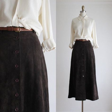 Anne on Instagram: “embossed silk blouse (sold)  button front leather midi skirt” Button Shirt With Skirt, Buttoned Skirt, Boots 2020, Midi Skirt Outfit, Winter Fashion Boots, Leather Midi Skirt, 80s Fashion, Modest Outfits, Skirt Outfits