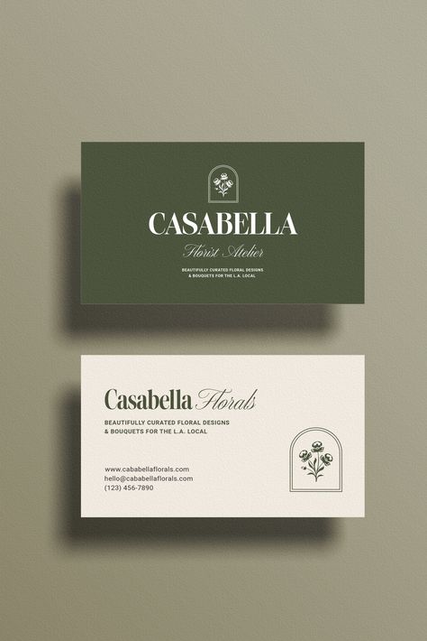 Beige and dark green business card with logo for a professional, modern, and stylish.#businessfont #typography #branding #design Minimalistic Business Cards, Green Business Card Design, Beige Business Card, Vintage Business Card Design, Green Business Card, Retro Business Card, Examples Of Business Cards, Business Fonts, Buisness Cards