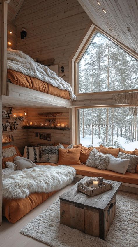 50 A-Frame Cabin Interiors That Inspire Wanderlust Aframe Cabin Interiors, A Frame Living Room, A Frame Interior, Aframe Cabins, A-frame Interior, Bunk Room Ideas, Scandinavian Cabin, Cabin Vibes, Cabin Loft