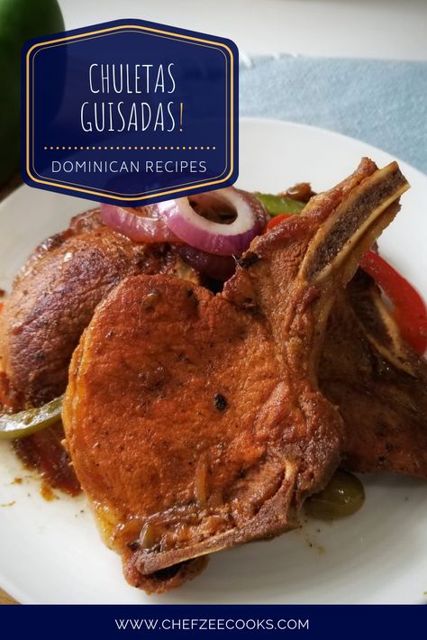 Chuletas Guisadas aka Stew Pork Chops are absolutely delicious! This Hispanic Latin Recipe is great with Spanish Rice & Beans! Hands down one of the tastiest and easy to make Pork Chops that you will ever make. It's infused with classic Dominican flavors that you will. Trust me, the sauce and pork chops are everything! #ChefZeeCooks #PorkChops #Chuletas #PorkRecipes #LatinRecipes #DominicanRecipe #LatinFood Chuletas Guisadas, Stewed Pork Chops, Dominican Dishes, Spanish Rice And Beans, Spanish Dish, Dominicano Recipes, Latino Recipes, Dominican Recipes, Stewed Pork