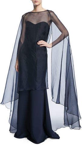 Badgley Mischka Collection Strapless Gown w/ Organza Overlay Cape Anastasia Dress, Vestido Strapless, Organza Overlay, Kaftan Designs, Cape Gown, Winter Inspiration, Gown Inspiration, Modest Dresses Casual, Designer Evening Gowns