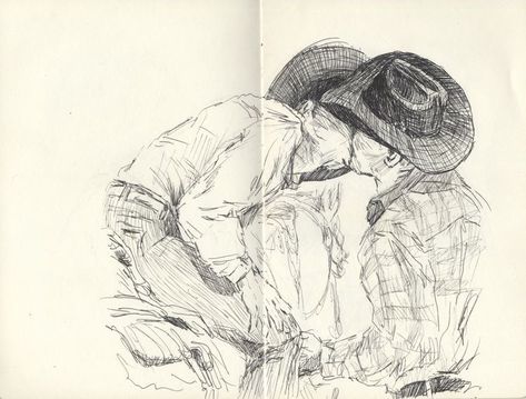 Two Cowboys Kissing, Cowboys Are Frequently Secretly Fond Of Each Other, Cowboys Are Secretly Fond Of Each Other, Cowboys Kissing, Gay Cowboy Art, Trans Cowboy, Gay Cowboy Aesthetic, Cowboys Art, Cowboy Drawing