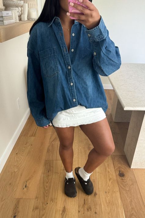 THE '80S COMFY DENIM SHIRT curated on LTK Denim Button Up Shirt Outfit Fall, Jean Long Sleeve Shirt Outfit, Blue Jean Shirts For Women Outfit, All Denim Look, Denim Long Sleeve Shirt Outfit, Big Button Up Shirt Outfits, Denim Tunic Outfit, Denim Button Down Shirt Outfit, Denim Button Up Shirt Outfit