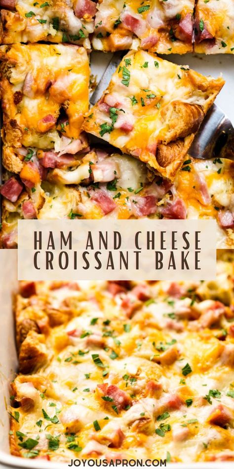 Ham and Cheese Croissant Bake - yummy and easy make ahead breakfast casserole recipe combining croissants, eggs, ham, and cheese. The perfect holiday brunch for Christmas or Thanksgiving mornings. Great for potluck and parties as well. Ham Crossiant Breakfast Casserole, Ham Egg Croissant, Ham And Egg Croissant, Croissant Breakfast Casserole Ham, Ham Egg Cheese Croissant Casserole, Ham And Gruyere Croissant, Ham And Croissant Casserole, Breakfast With Croissants Ideas, Diced Ham Breakfast Casserole