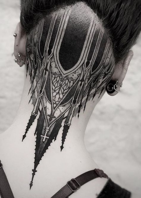 When the church is "upside down""…. Witch Tattoo Neck, Blackout Neck Tattoo, Blackout Sleeve Tattoo, Cathedral Tattoo, Skin Pictures, Church Tattoo, Gotik Tattoo, Backpiece Tattoo, Medieval Tattoo