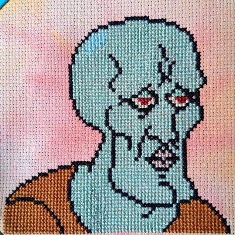 The second in a Spongebob meme triptych. Spongebob Cross Stitch Pattern, Cross Stitch Memes, Spongebob Cross Stitch, Squidward Meme, Spongebob Meme, Easter Canvas, Graph Paper Art, Pola Kristik, Cross Stitch Bookmarks