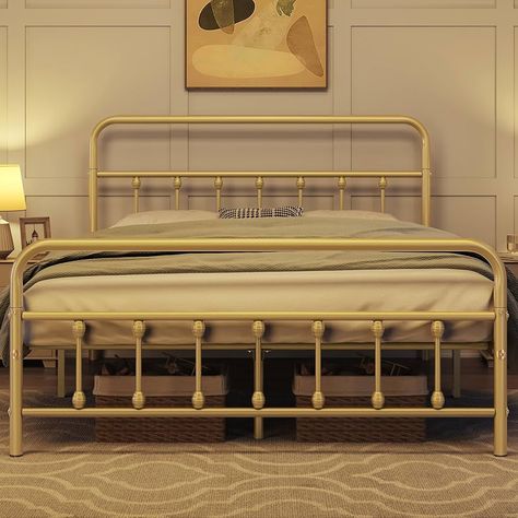 Amazon.com: Topeakmart Queen Size Victorian Style Metal Bed Frame with Headboard/Mattress Foundation/No Box Spring Needed/Under Bed Storage/Strong Slat Support Bronze : Home & Kitchen Black Twin Bed Frame, Wrought Iron Bed, Arched Headboard, Modern Platform Bed, Bed Frame With Headboard, Twin Bed Frame, Mattress Foundation, Iron Bed, Metal Platform Bed