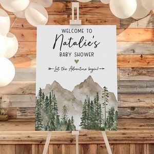 Adventure Baby Shower Mountain Its a Boy Banner Explorer Mountain Garland Adventure Nursery Woodland Pine Tree Decor - Etsy Watercolor Evergreen Trees, Welcome To Baby Shower Sign, Adventure Awaits Nursery, Watercolor Evergreen, Welcome Text, Games Template, Camping Baby, Adventure Awaits Baby Shower, Baby Boy Shower Party