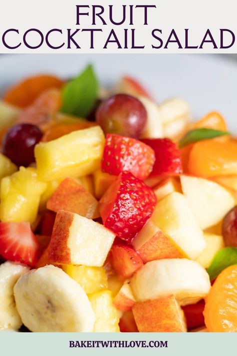 My easy fruit cocktail salad features a rainbow of different fruit and a sauce made with pineapple and vanilla pudding that is incredible! This is a fabulous summer side dish or dessert that can be made using fresh or canned fruit, it's delicious either way! Try a refreshing fruit cocktail salad at your next get together! BakeItWithLove.com #bakeitwithlove #fruit #cocktail #salad Fruit Cocktail Salad With Pudding, Fresh Fruit Cocktail Recipes, Can Fruit Cocktail Recipes, Fruit Cocktail Recipes Desserts, Canned Fruit Cocktail Recipes, Easy Fruit Cocktails, Fruit Salad With Vanilla Pudding, Fruit Cocktail Salad, Pudding Sauce