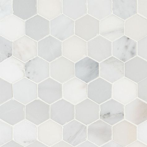 Arabescato Carrara 2" Hexagon Bathroom Tile | Hex Tile Hexagon Bathroom, Hexagon Tile Backsplash, House Shopping, Bathroom Makeovers, Hex Tile, Hexagon Mosaic Tile, Mosaic Floor, Honed Marble, Marble Mosaic Tiles