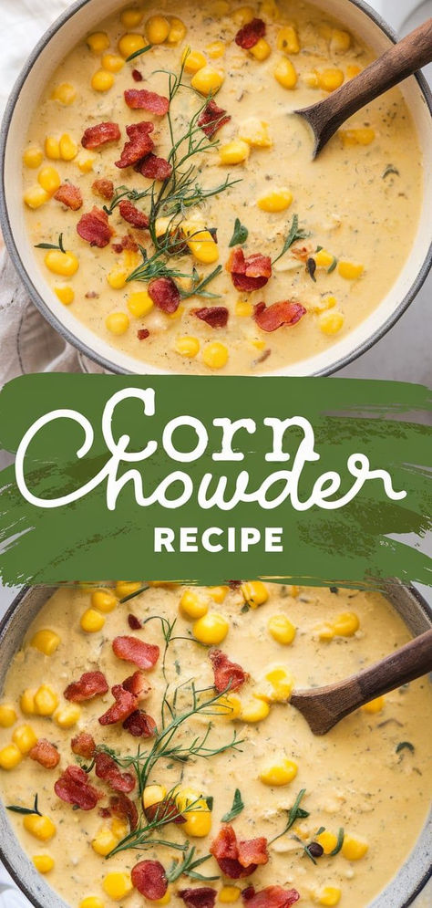 This easy Corn Chowder recipe is loaded with sweet corn, tender potatoes, and crispy bacon in a rich, creamy broth. A comforting, satisfying meal for any night! Bacon And Corn Chowder, Corn Bacon Chowder, Easy Corn Chowder Recipe, Creamy Corn Chowder Recipe, Turkey Corn Chowder, Best Corn Chowder Recipe, Corn Chowder Crockpot, Creamy Corn Chowder, Easy Corn Chowder