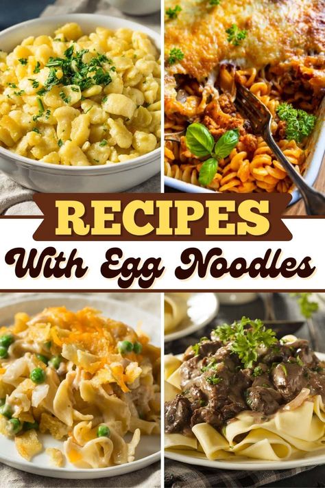 You'll want to keep these easy recipes with egg noodles on hand! From noodle soups to casserole to kugel, there are many tasty dishes you can make with egg noodles. Recipes Using Amish Egg Noodles, Egg Noodles With Vegetables, Soup Recipes With Egg Noodles, Egg Noodle Dinner Ideas, What To Eat With Egg Noodles, Egg Noodle Dishes Recipes, What Can I Make With Egg Noodles, Leftover Egg Noodles What To Do With, Simple Egg Noodle Recipes