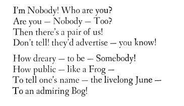 I'm Nobody! Who are you? - Emily Dickinson I Am Nobody Who Are You, Dickinson Poems, Emily Dickinson Poems, National Poetry Month, Emily Dickinson, American Literature, Finding Love, Visual Poetry, To Tell