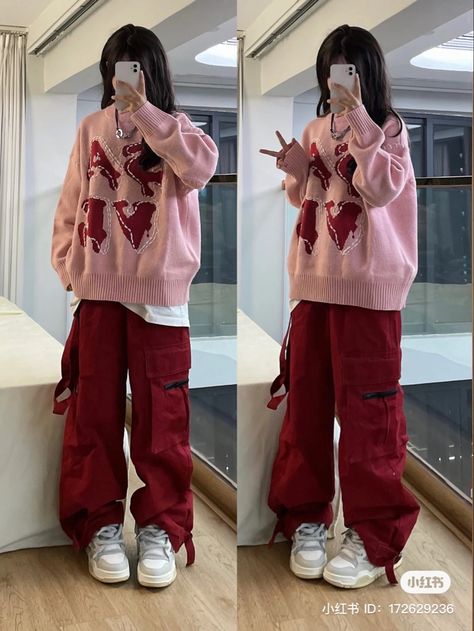 Pink Boyish Outfit, Red Acubi Fashion, Masculine Coquette Outfits, Streetcore Clothes, Skater Vibes Outfit, Colorful Baggy Outfits, Colorful Streetwear Outfits, Red Baggy Outfit, Y2k Fits Street Styles