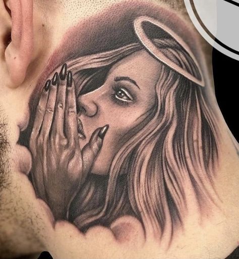 Angel In Ear Tattoo, Whisper In Ear Tattoo, Woman Whispering In Ear, Angel Whispering Tattoo, Angel Whispering In Ear Tattoo Design, Angel Whispering In Ear Tattoo, Angel Neck Tattoo, Calf Sleeve Tattoo, Clock And Rose Tattoo