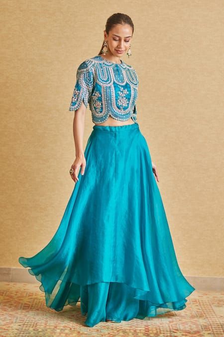 Buy Green Organza Embroidery French Knots Round Top And Skirt Set For Women by Osaa by Adarsh Online at Aza Fashions. Skirt And Top Indian, Green French, Zardozi Embroidery, Lehenga Designs Simple, Top And Skirt Set, Top Skirt Set, French Knots, Party Wear Indian Dresses, Dress Indian Style