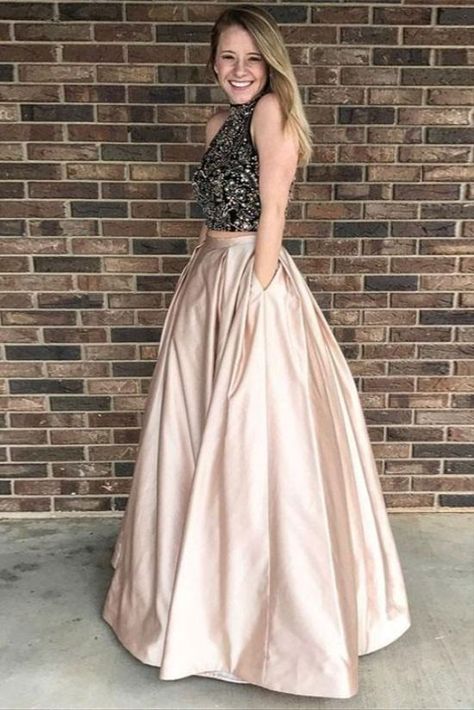 Champagne Party Dress, High Neck Prom Dress, Champagne Prom Dress, School Dance Dresses, Satin Formal Dress, Prom Dresses 2018, Prom Dresses With Pockets, Prom Dresses 2019, Prom Dresses Two Piece