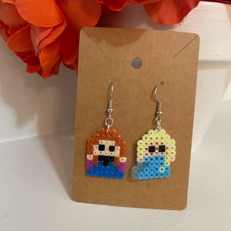 Perler Bead Disney Anna And Elsa Earrings Brown, Peach, Black, Pink, Navy Blue, Blonde, And Blue New Handmade 1” Inch Perler Beads Bundle To Save Don’t Be Afraid To Send Offers :) Disney Perler Bead Earrings, Small Perler Bead Patterns Minis, Stitch Perler Bead Pattern, Melts Beads, Disney Earrings, Perler Ideas, 3d Perler Bead, Gold Bead Earrings, Mini Iron