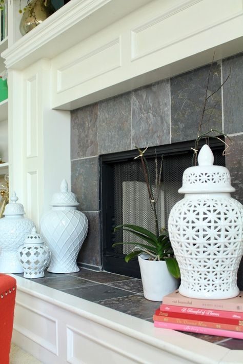 Grouped White Ginger Jars Ginger Jars On Fireplace Mantle, How To Decorate With Ginger Jars, Ginger Jars On Mantle, Styling Ginger Jars, Ginger Jars Decor Dining Room, White Ginger Jars Decor, Ginger Jars Decor Living Rooms, Ginger Jars Decor, Decorating With Ginger Jars