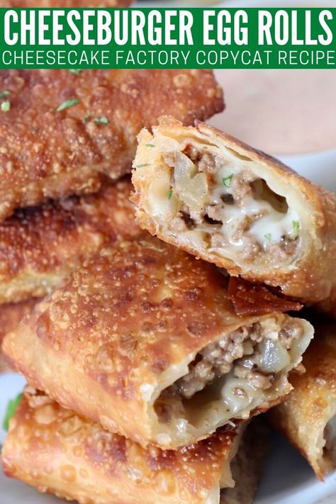 The most delicious snack or game day party app, Cheeseburger Egg Rolls are filled with the taste of a juicy, flavorful cheeseburger and dipped into "special sauce" for the full experience! They're easy to pan fry on the stove top or quickly cook in the air fryer. Whether you've had this delicious appetizer at Disney World or tried the spring roll version at Cheesecake Factory, you're going to love this at-home recipe recreation! Rolled Dumplings Recipe, Cheeseburger Egg Rolls Recipe, Cheeseburger Egg Rolls, Cheesecake Factory Copycat, Cheesecake Factory Recipes, Game Day Party, Spring Roll Recipe, Pan Fry, Egg Roll Recipes