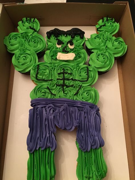 Hulk cupcake cake                                                                                                                                                                                 More Avenger Cupcake Cake, Superhero Pull Apart Cupcake Cake, Marvel Pull Apart Cupcakes, Hulk Bday Cake, Hulk Birthday Cupcakes, Marvel Cupcake Cake, Hulk Cupcake Cake, Hulk Pull Apart Cupcakes, Hulk Birthday Cake Ideas