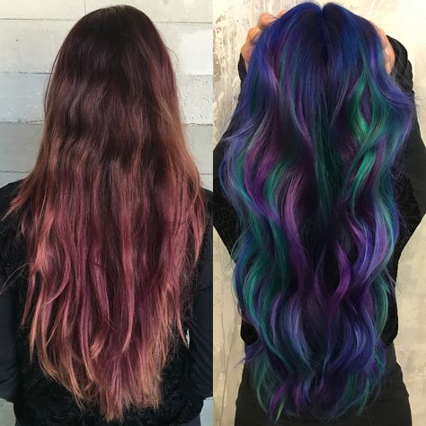 Alexis And David, Peacock Hair Color, Encino California, Peacock Hair, Galaxy Hair, Colorful Hair, Hair Dye Colors, Hair Inspiration Color, Mermaid Hair