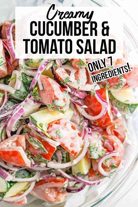 This creamy cucumber tomato salad is easy to make with only 7 ingredients. And, it's a quick side dish too, taking only 15 minutes to throw together! This tomato cucumber salad is the perfect summer side dish for cookouts, picnics and barbecues! A creamy yet light dressing is made with mayo and Greek yogurt. Blue Cheese Pasta Salad, Turkey Lentil Soup, Creamy Cucumber Tomato Salad, Cucumber And Tomato Salad, Tomato Cucumber Salad, Cucumber And Tomato, Quick Side Dishes, Creamy Cucumbers, Cucumber Tomato Salad