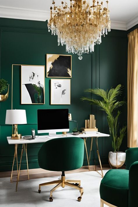 Home Office Emerald Green, Emerald Home Office, Bright Green Office, Emerald Office Decor, Emerald Green Home Office, Small Green Office Ideas, Emerald Green House Interior Design, Emerald Green And Gold Office, Emerald Green Office Ideas