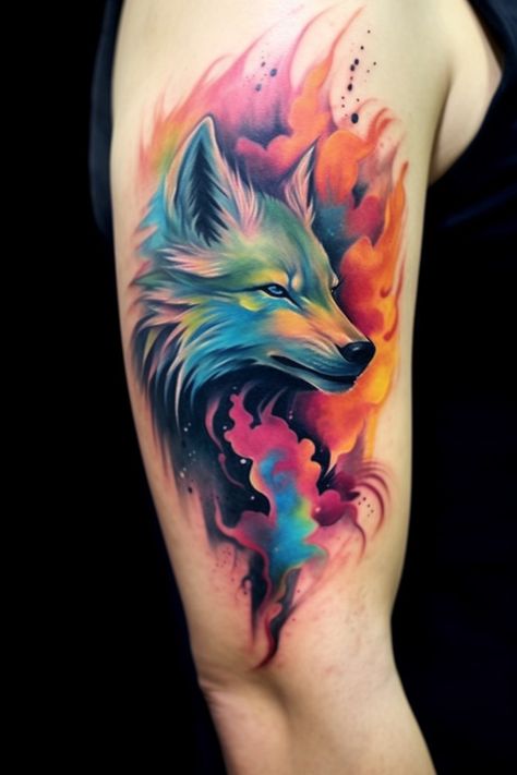 Capture the spirit and strength of the wolf with this stunning colored wolf head tattoo. The intricate details and vibrant hues create a powerful and eye-catching design that symbolizes loyalty, courage, and freedom. Whether you're a fan of wildlife tattoos or simply appreciate the beauty of wolf art, this colorful wolf head tattoo is sure to inspire your next ink idea. #tattoo #bodyart #wolf #color #sketch Wolf Tattoo Color, Wolf Head Tattoo Design, Wolf Tattoo Sketch, Wolf Head Tattoo, Grey Wolf Tattoo, Head Tattoo Design, Wolf Girl Tattoos, Watercolor Wolf Tattoo, Beauty And Beast Rose