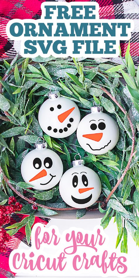 Get this free ornament SVG file and add to some holiday crafts! These snowman faces are perfect for your Cricut crafts! #ornaments #cricut #freesvg Cricut Disk Ornaments, Reindeer Ornaments Cricut, Silhouette Cameo Christmas Ornaments, Christmas Svgs For Ornaments, Cricut Xmas Ornaments, Svg Christmas Ornaments Free, Snowman Faces Svg Free, Free Snowman Faces Svg Files For Cricut, Free Ornament Svg Files For Cricut