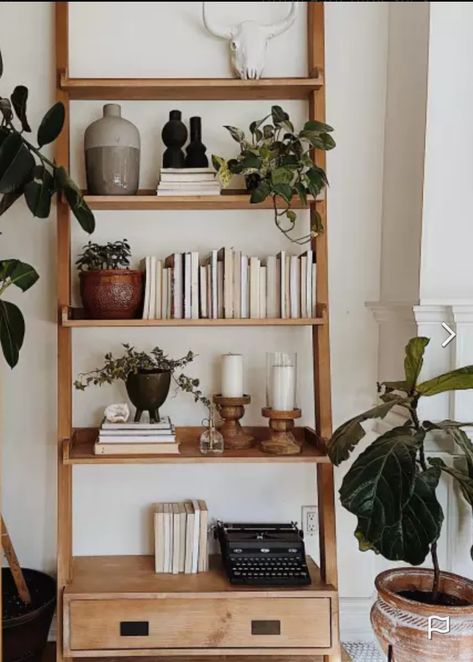 Ladder Shelf Office, Leaning Bookshelf Styling, Ladder Bookshelf Styling With Books, Standing Bookshelf Decor, Ladder Bookshelf Living Room, Ladder Shelf Styling Living Room, Styling Ladder Bookshelves, Wooden Bookshelf Styling, Ladder Bookshelf Styling