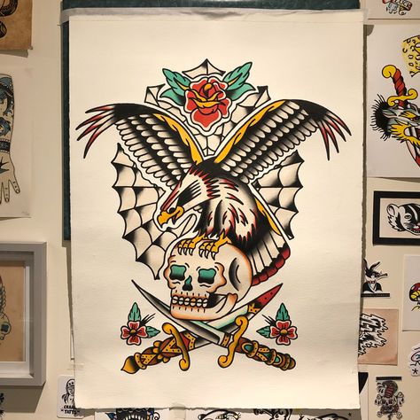 American Traditional Filigree, American Traditional Eagle And Snake, Eagle With Skull Tattoo, Eagle And Skull Tattoo, Traditional Eagle Tattoo Design, Skull Design Tattoo, American Traditional Eagle Tattoo, American Traditional Back Piece, American Traditional Eagle