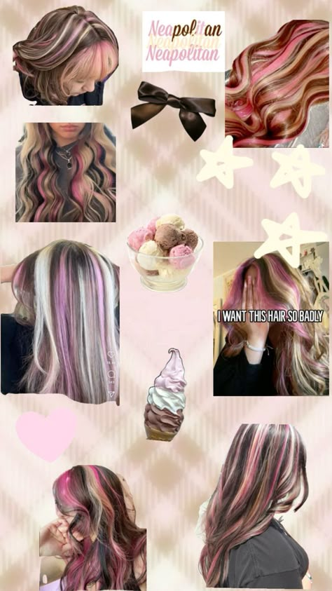 pink hair Neapolitan hair hair dye inspo board highlights coquette Neopolotin Hair, Neoploaton Hair, Nepolian Hair, Neopaliton Hair, Dyed Hair Colors, Neapolitan Hair, Pink Hair Dye, Hair Streaks, Hair Makeover