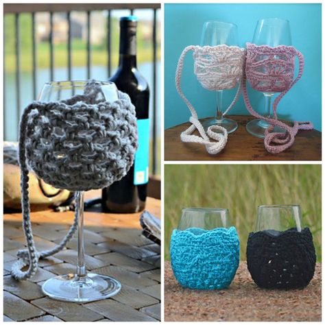 Crochet Wine, Free Patterns Crochet, Crochet Waffle Stitch, Crochet Cozy, Crochet Cord, Wine Glass Art, Crochet Plant, Crochet Kitchen, Wine Glass Holder