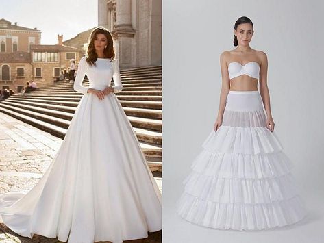 You’ve found your dream A-line or Ball wedding gown, and now it’s time to pick the petticoat! The right one can add a full, elegant appearance to your wedding day look. In addition to the classy appearance, our petticoats add a level of comfort and ease of movement by creating additional space under the skirt. They come in different sizes and volumes. Made of crinoline, ruffles, and bones. 
 #weddingdress #petticoat #weddingfashion #bridalgown #weddinggown #wedding Ball Wedding Gowns, Petticoat Pattern, Wedding Veil Styles, Garter Wedding, Custom Wedding Gown, Layered Veil, Wedding Dress Alterations, Veil Styles, Ball Wedding