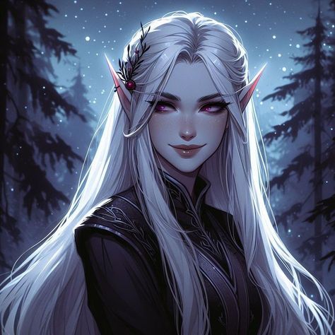 Neck Biting Drawing, White Haired Elf Female, Anime Elf Woman, White Haired Elf, Acotar Cassian, Gothic Elf, White Haired Witch, Elf Witch, Anime Elf