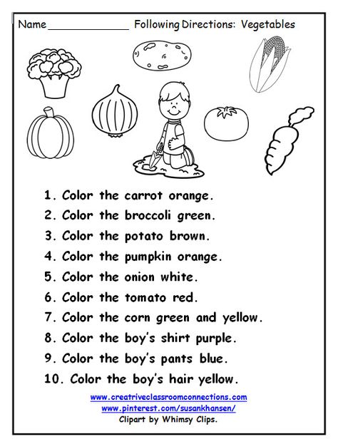 Free Following Directions page provides practice using color words and vegetable names. Other free following directions worksheets are available at pinterest.com/susankhansen/ Directions Worksheet, Following Directions Activities, Listening Comprehension, English Activities, Following Directions, Speech Language Therapy, Color Worksheets, Language Therapy, Kindergarten Worksheets