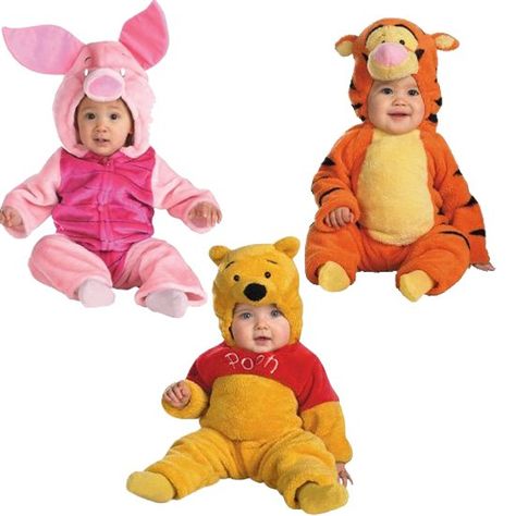 Pin for Later: Coordinated Halloween Costumes For Twins, Triplets, and Siblings Pooh and Friends Triplets Costumes, Halloween Costumes For Twins, Costumes For Twins, Disney Baby Costumes, Pooh Bebe, Winnie Poo, Winnie The Pooh Costume, Sibling Halloween Costumes