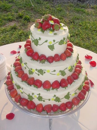 Strawberry wedding cake By DelightsByE on CakeCentral.com Wedding Cake Strawberry, Strawberry Wedding Cake, Strawberry Wedding, Strawberry Wedding Cakes, Cream Wedding Cake, Cream Wedding Cakes, Wedding Strawberries, Round Wedding Cakes, Square Wedding Cakes