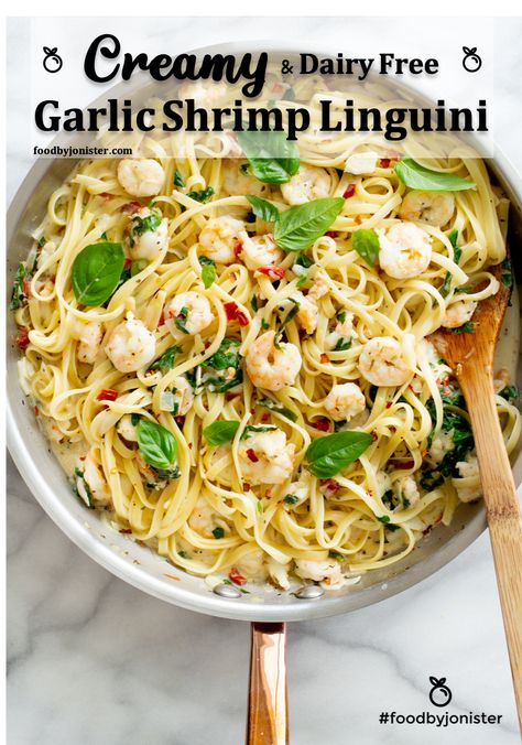 Dairy Free and mega Creamy Garlic Shrimp Linguini - #foodbyjonister Non Dairy Shrimp Recipes, Shrimp Scampi Dairy Free, Gluten Free Linguine Recipes, Linguini And Shrimp, Dairy Free Seafood Pasta, Dairy Free Shrimp Pasta Recipes, Shrimp Pasta Non Dairy, Dairy Free Shrimp Alfredo, Shrimp Recipes No Dairy