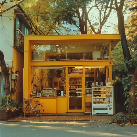 A quaint 1960s Tokyo corner store with its modernist design. Nestled on a street corner, its vibrant yellow exterior and cozy charm make it a standout. Perfect for architecture lovers and vintage ramen enthusiasts 🍜 #1960shouse #ModernistArchitecture #VintageCharm #tokyoarchitecture #suburbia #yellowinterior #architecturephotography #yellowaesthetic Cute Store Aesthetic, 1960s House Exterior, Store Building Design, Vintage Store Interior, Yellow Vintage Aesthetic, 1960s Architecture, Retro Buildings, Exterior Aesthetic, Tokyo Architecture